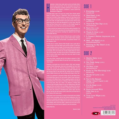 Pink vinyl record cover featuring a portrait of Buddy Holly.