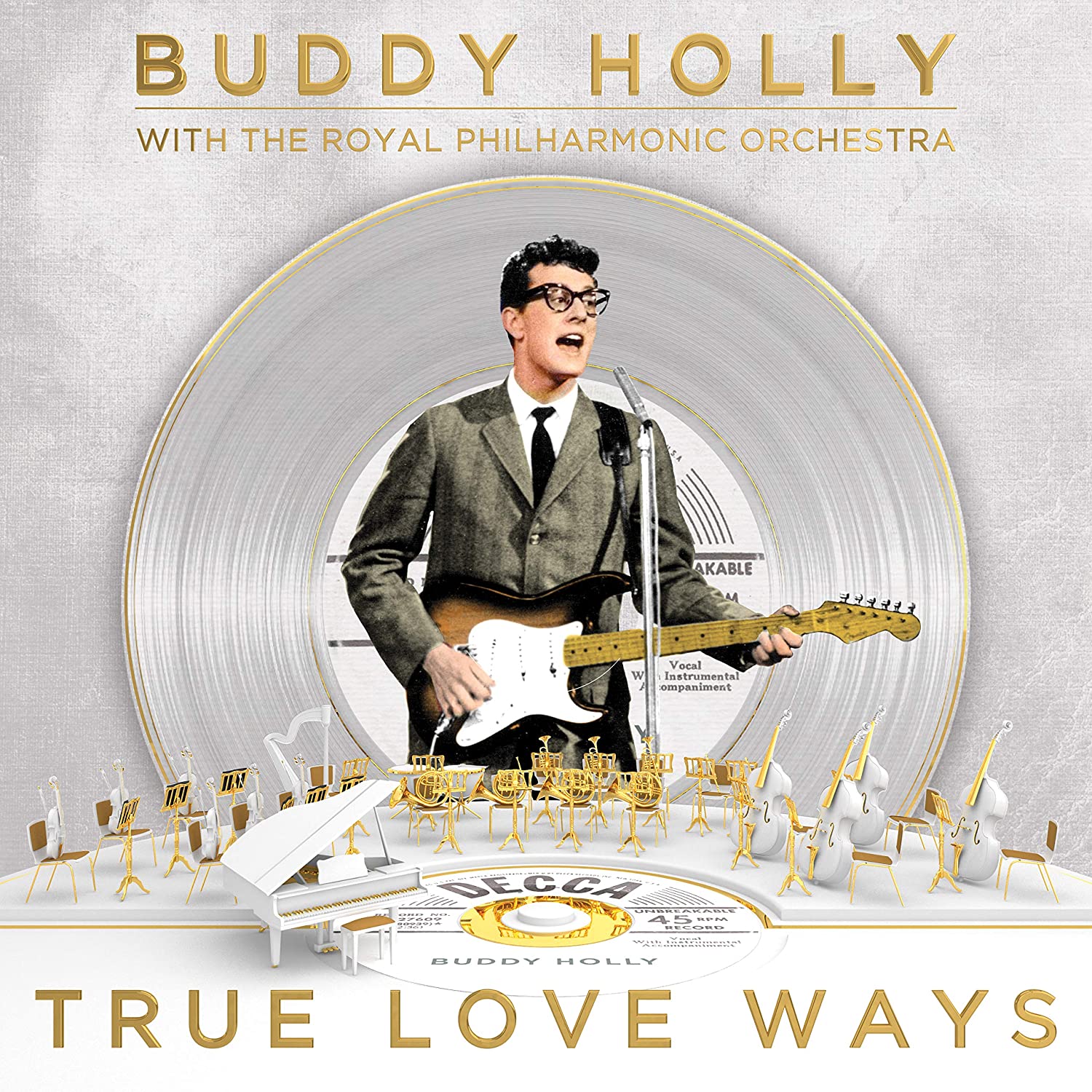Buddy Holly album cover featuring a man playing guitar on a vinyl record.