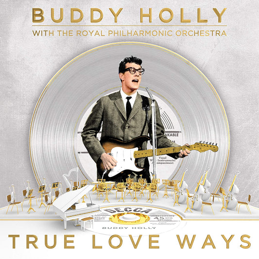 Buddy Holly album cover featuring a man playing guitar on a vinyl record.