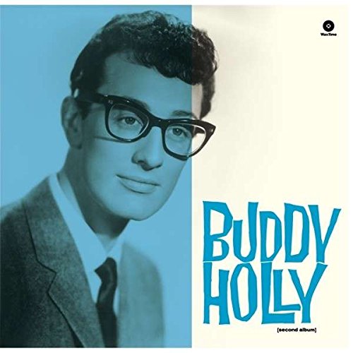Buddy Holly album cover with a portrait and blue text.