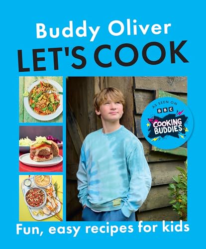 “Let’s Cook” cookbook cover featuring a boy and colorful food images.