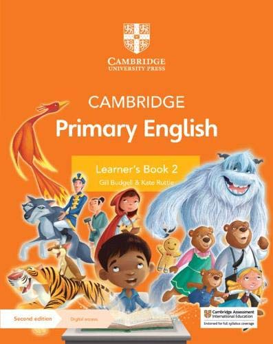 Cambridge Primary English Learner's Book 2 cover featuring various storybook characters on orange background.