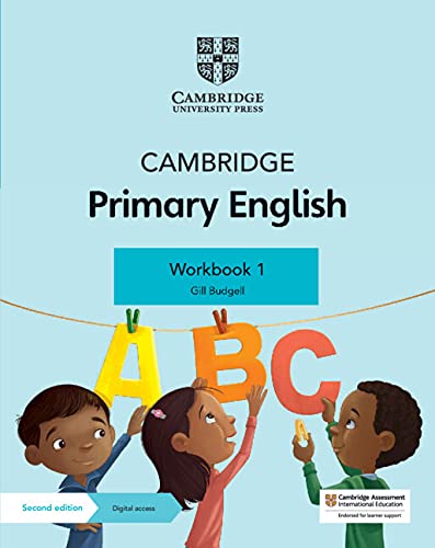 Cambridge Primary English Workbook 1 cover with children and colorful letters.