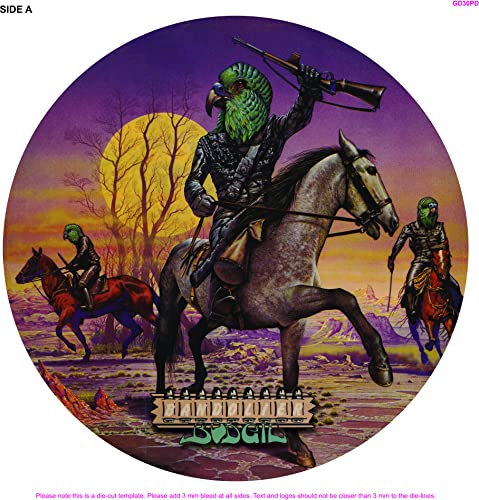 Vinyl record label featuring anthropomorphic parakeets on horseback, sunset background.
