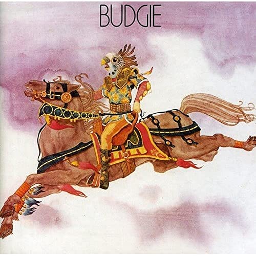 A budgie-headed knight in ornate armor riding a galloping horse against a purple background.
