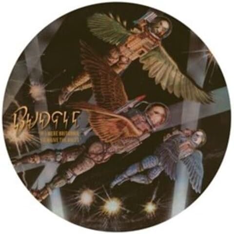 Picture disc vinyl record with winged figures in spacesuits against a dark sky.