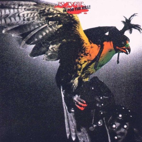 "Album cover featuring a parrot on a sword with 'Budgie' and 'In For The Kill' text."