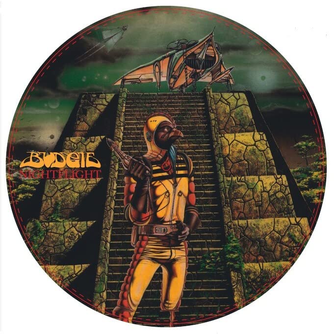 Budgie “Nightflight” picture disc vinyl record with sci-fi illustration.