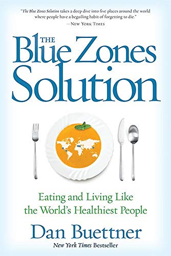 Book cover: "Blue Zones Solution" with food imagery and author Dan Buettner.