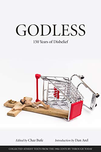 Book cover: "Godless" with a shopping cart and crucifix image.
