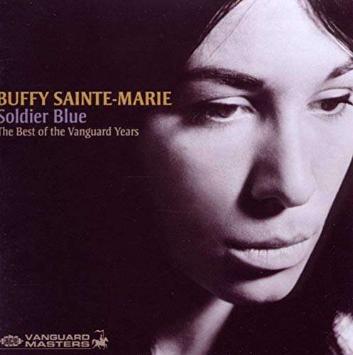 Close-up portrait of Buffy Sainte-Marie on a purple album cover.
