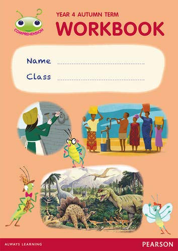 Year 4 workbook cover with cartoon insects and illustrated scenes.