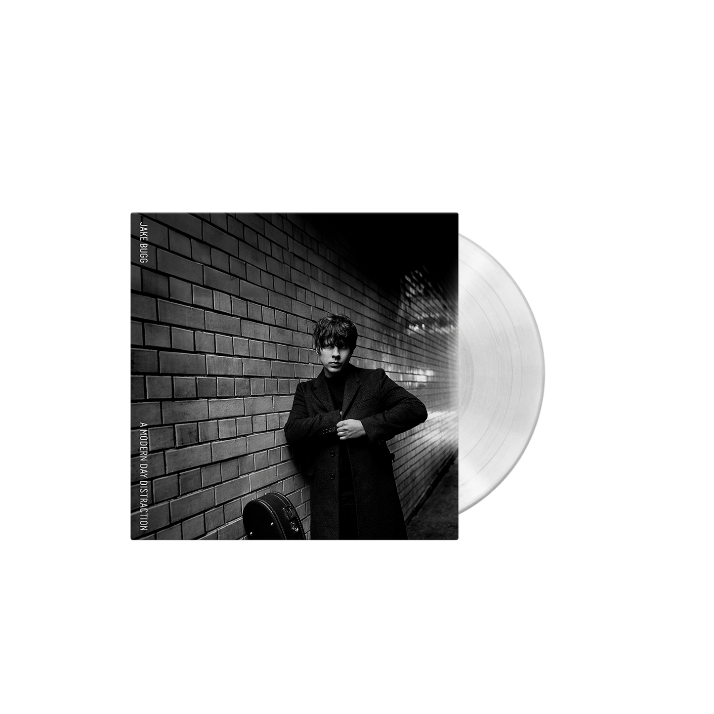 Jake Bugg album cover and clear vinyl record, black and white.