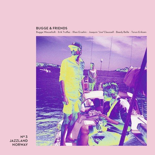 Album cover with a purple-tinted photo of musicians on a boat, pink background.