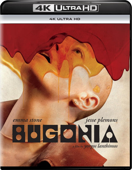Bugonia" 4K Blu-ray cover featuring a distorted face with dripping liquid.