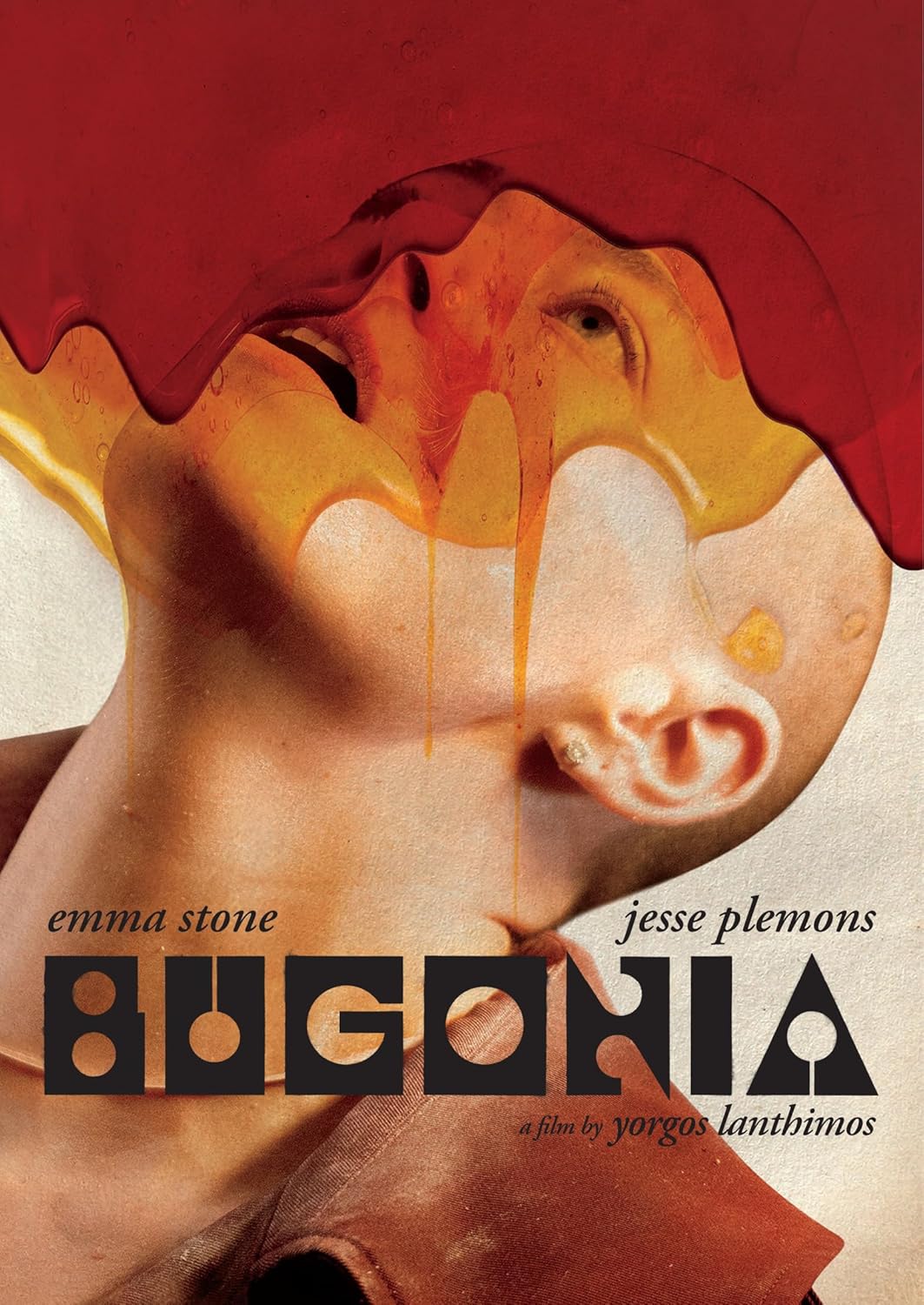 Bugonia" DVD cover featuring a distorted face with dripping yellow liquid.