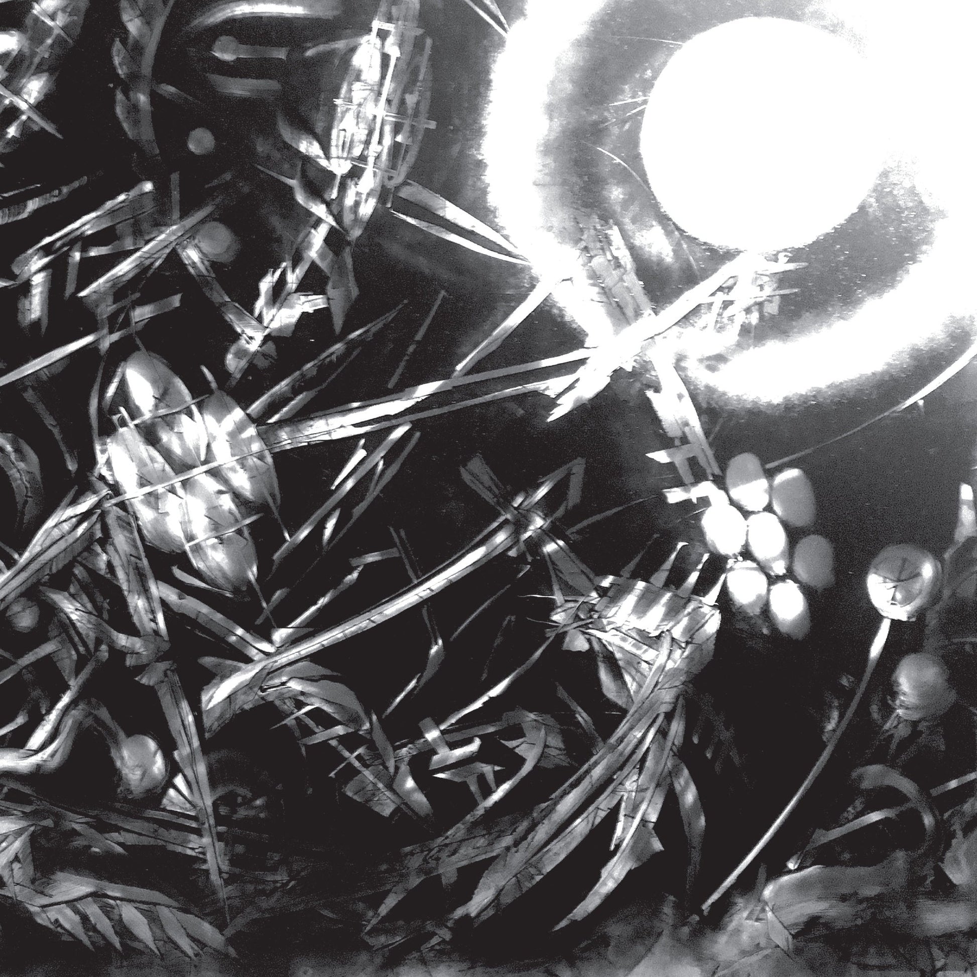 Black and white album cover with abstract insect and machine imagery.