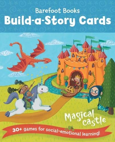 Story cards depicting a colorful castle, dragon, unicorn, and fairytale characters.
