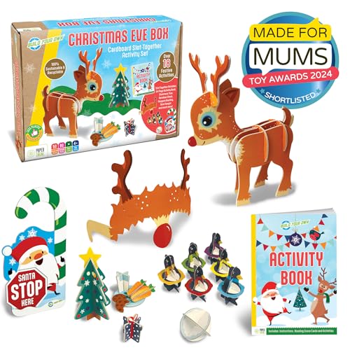 Christmas Eve box kitC kit with cardboard reindeer, activity book, and festive decorations.