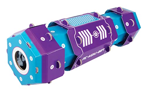 Assembled kaleidoscope kit with purple and teal cardboard sections and a viewing lens.