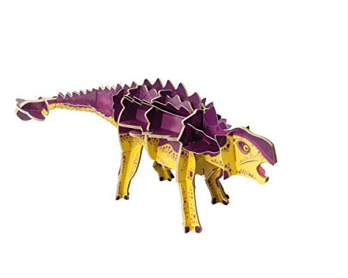 Cardboard Ankylosaurus model with purple spikes and yellow legs, side view.