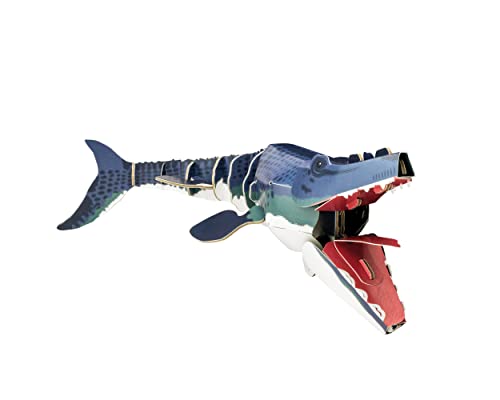 Cardboard mosasaurus model with open mouth and visible internal structure.