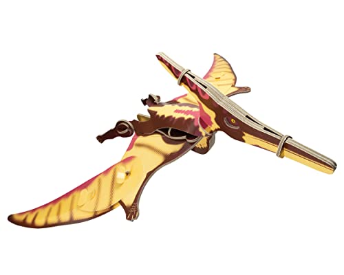 Cardboard pteranodon model with outstretched wings, seen from a low angle.