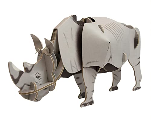 Cardboard rhino model with segmented body and pull-tab head movement.