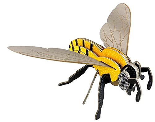 Cardboard model of a yellow and black honey bee with flapping wings.