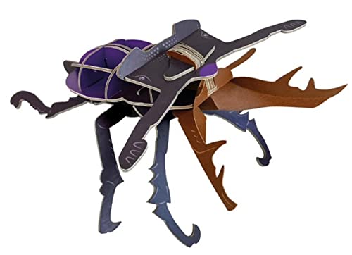 Cardboard stag beetle model with purple shell and brown wings.
