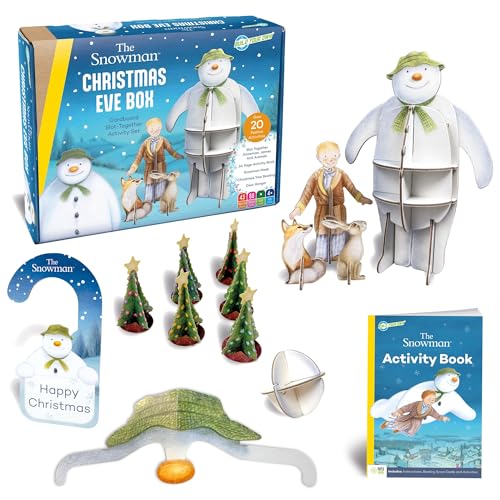 The Snowman" Christmas Eve box with buildable snowman, trees, and activity book.