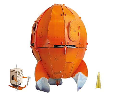 Orange, spherical rocket model with small robot and detached nose cone.