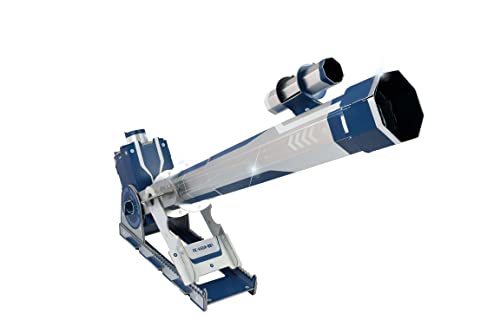 Cardboard telescope kit, blue and white, angled on a stand.