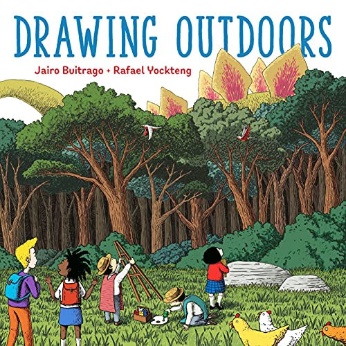 Book cover: children drawing in a field with trees and chickens.