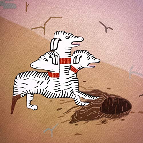 Illustration of a three-headed dog standing near a dark hole.