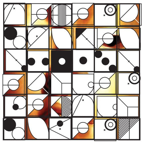 CD cover with a grid of abstract geometric shapes in black, white, and orange.