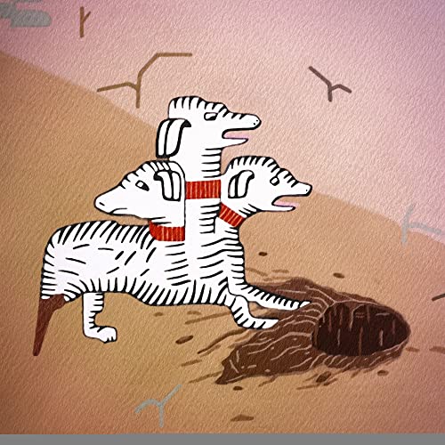 CD cover art: stacked striped dogs near a dark hole.