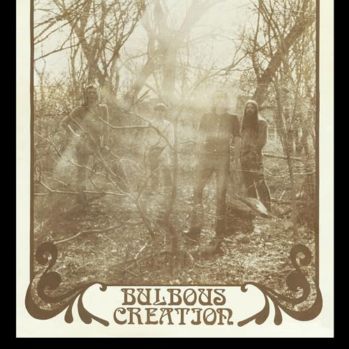 Sepia-toned photo of four men standing in a wooded area with decorative border text.