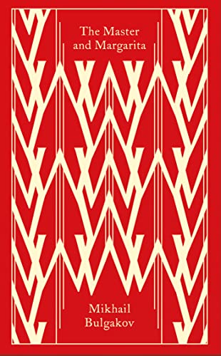 Red book cover with white zigzag pattern and title "The Master and Margarita".