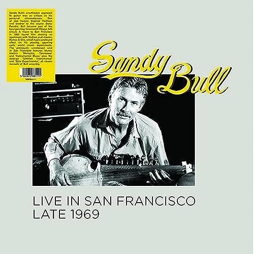 Sandy Bull album cover, black and white portrait with guitar, text overlay.