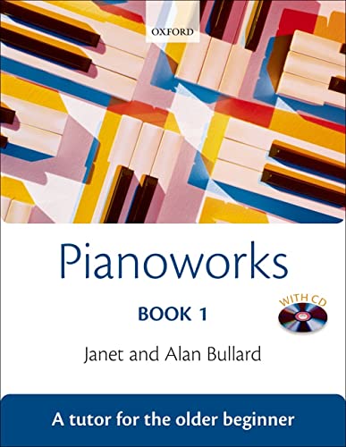 Piano tutorial book cover with colorful keyboard image and "Pianoworks Book 1".