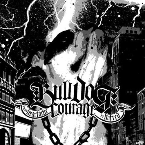 Black and white album cover featuring a bulldog’s face with city backdrop.