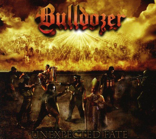 Bulldozer album cover: fiery sky over figures in conflict, dark tones.