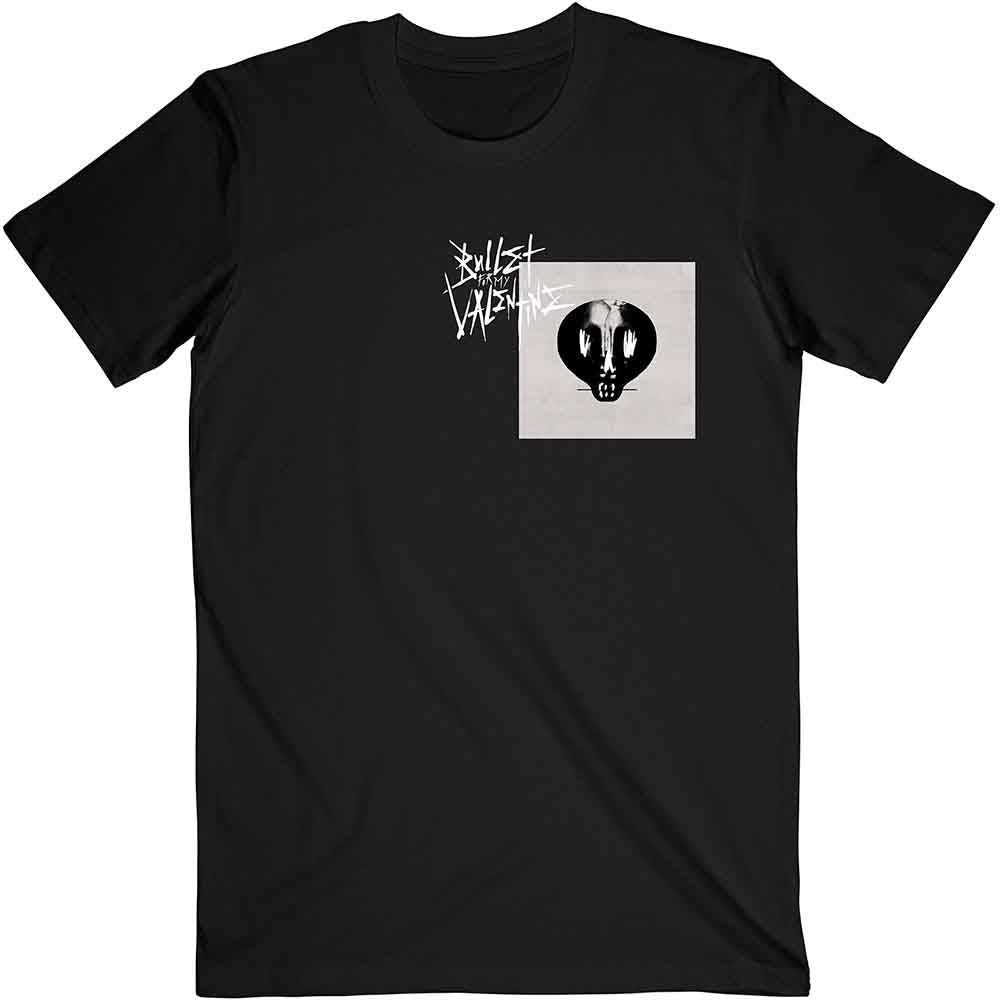 White t-shirt with Bullet for My Valentine band logo and skull graphic.
