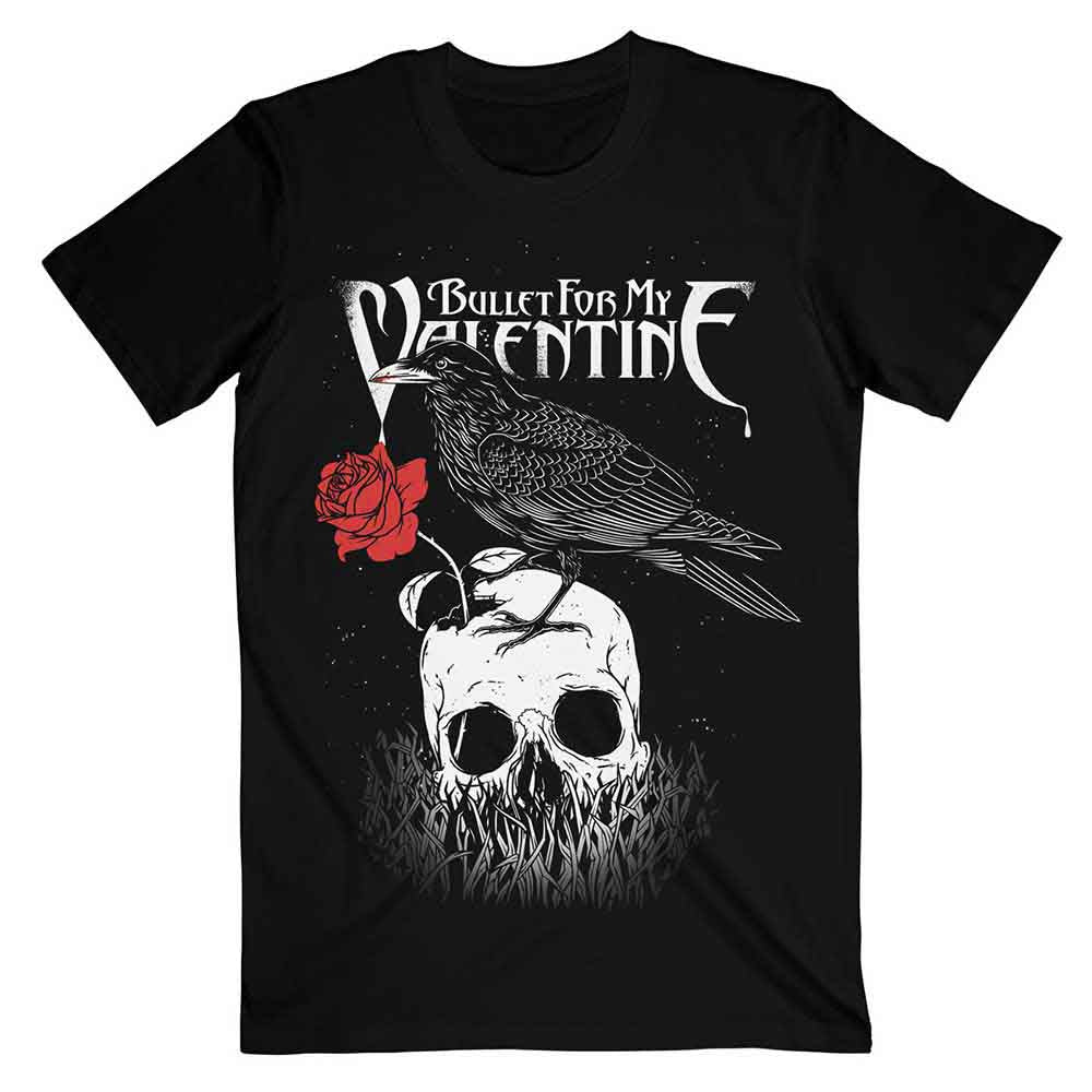 Black t-shirt featuring a crow perched on a skull with a red rose.