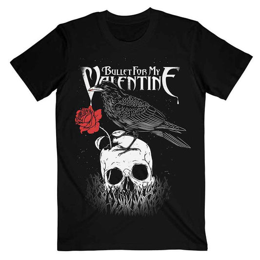 Black t-shirt featuring a crow perched on a skull with a red rose.