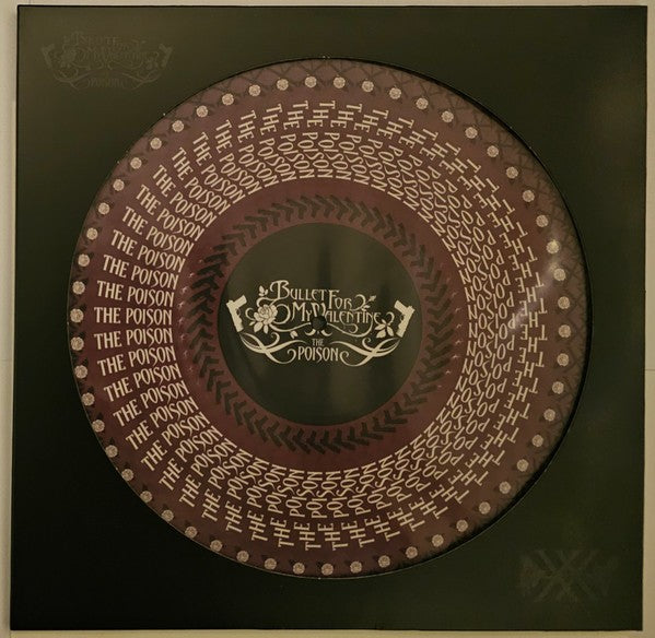 Black vinyl record with repeating text and central band logo.