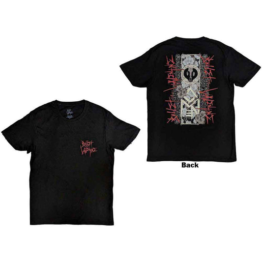 Black t-shirt with a large floral and band logo design on the back.