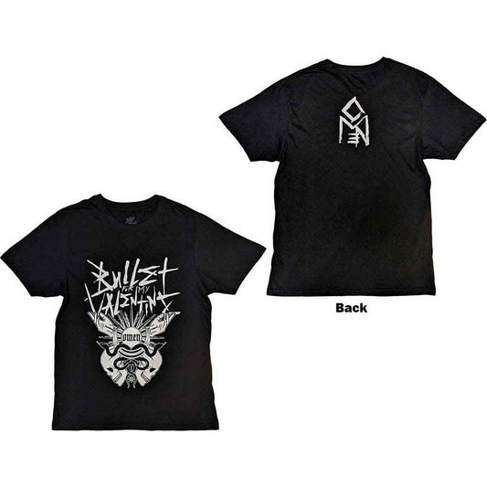 Black t-shirt with large back print of the band Bullet For My Valentine’s “Omen” logo.