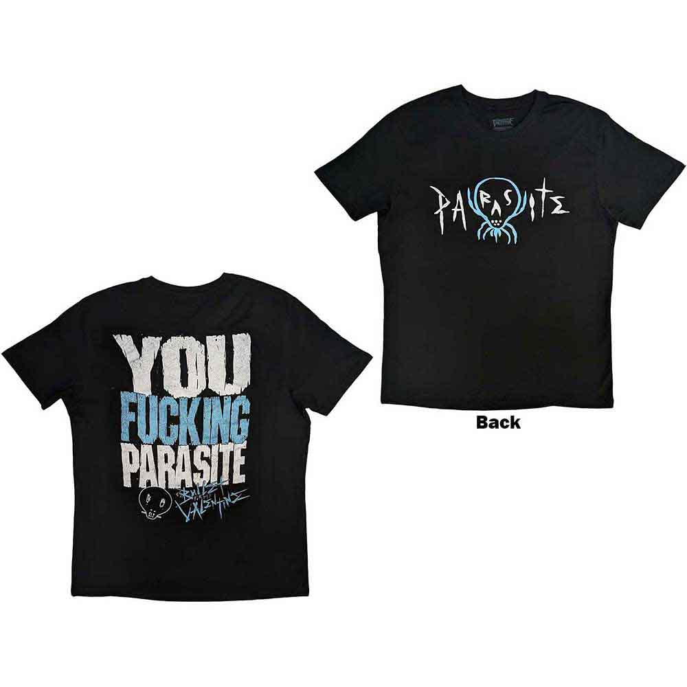 Black t-shirt with white "Parasite" album art back print, Bullet For My Valentine logo.